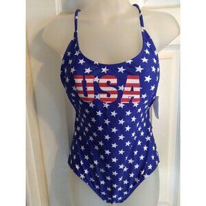 Bongo 1 Pc Swimsuit Blue Red Stars Patriotic Criss Cross Straps Sz M Jun…